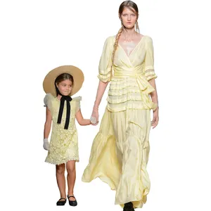 Fashion mother and child dress lace material short sleeve summer mommy and me dress yellow boutique family matching outfits