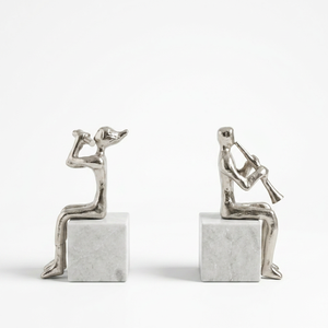 AK Brass Musicians Metal Bookends Set of 2 Nickel Finish with Marble Base Decorative Book Holders for Living Room Table Decor - Product Image 4