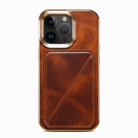 Casing Ponsel Kulit Sapi Asli Berlapis Lilin Mewah untuk iPhone 16 15 14 13 12 Pro Max dengan Slot Kartu Ganda Tersembunyi dan Penyangga