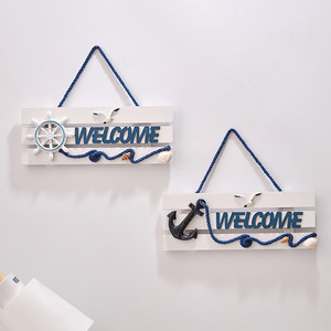 Panneau de bienvenue en bois méditerranéen, 2 pièces, rectangulaire, décoration murale en bois de pin avec ancre et design de gouvernail - Product Image 5