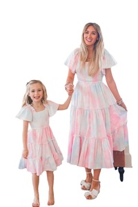Q20319 moda arcobaleno Tie Dye famiglia vestiti abbinati polsino arricciato a pieghe a gonna intera vestito <span class=keywords><strong>mamma</strong></span> e figlia - Product Image 3