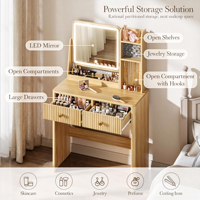 Table de toilette d'angle gain de place avec miroir LED et compartiments de rangement cachés, petite coiffeuse pour chambre à coucher