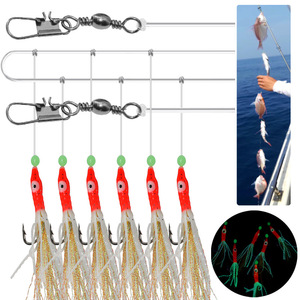 Nuevo <span class=keywords><strong>1</strong></span>/0 #   Juego de 6 señuelos artificiales de pulpo Sabiki para pesca de carpa, con cuentas luminosas, moscas y anzuelos Sabiki con sonajero - Product Image 1