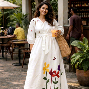 Robe Midi Vintage Automne Meadow Patch 100% Coton Tissé Taille Naturelle Manches 3/4 Ourlets Élastiqués Broderie Florale à Patchwork - Product Image 1