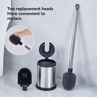 Brosse de toilette anti-éclaboussures en acier inoxydable avec couvercle rabattable et tête en silicone, support mural inclus pour salle de bain domestique