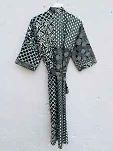 Robe kimono en coton, imprimé patchwork indigo, peignoir doux et léger, vêtement de maison bohème pour femmes - Product Image 5