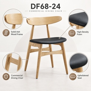 Chaise de salle à manger scandinave moderne en bois massif avec coussin en cuir PU noir et dossier incurvé pour restaurant USA DDP - Product Image 4