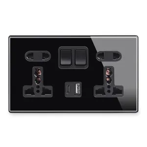Soket Dinding Universal UK ganda hitam mewah, Panel kaca Tempered penuh kualitas tinggi, soket USB + Tipe C desain baru