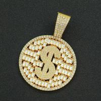Pendentif Classique Plaqué Or avec Symbole Dollar Sertie de Zircons, Chaîne Maille Cubaine, Zircons Baguette et Ronds, Collier Hip Hop