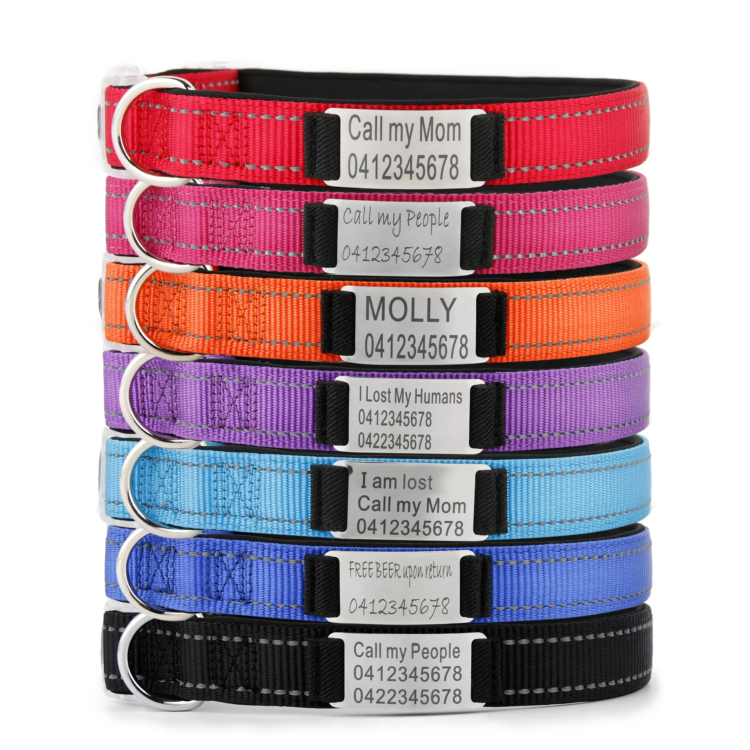 Reflective Nylon Neoprene Padded Personalized Engraved Dog Collar With Name Plate