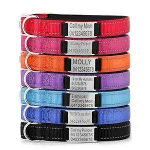 Reflective Nylon Neoprene Padded Personalized Engraved dog collar with Name Plate