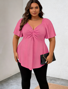 Chemise/Blouse décontractée à manches courtes pour femmes grandes tailles Joyinspring, en fibre de lait rose rouge, col en V, imprimé 3D, été-automne - Product Image 5