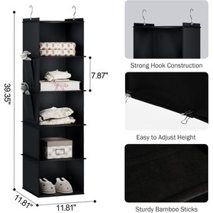 Organisateur de placard suspendu à 5 étagères, noir, en tissu non tissé, pour chambre à coucher, fixation au plafond - Product Image 3