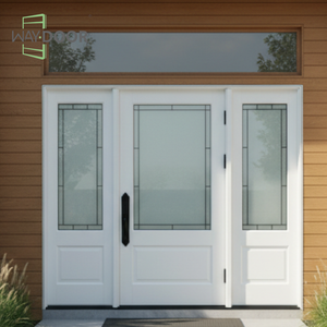 Porte d'entrée simple en bois massif (Acajou, Chêne) avec inserts en verre personnalisés et 2 panneaux latéraux, offrant une bonne intimité - Product Image 2