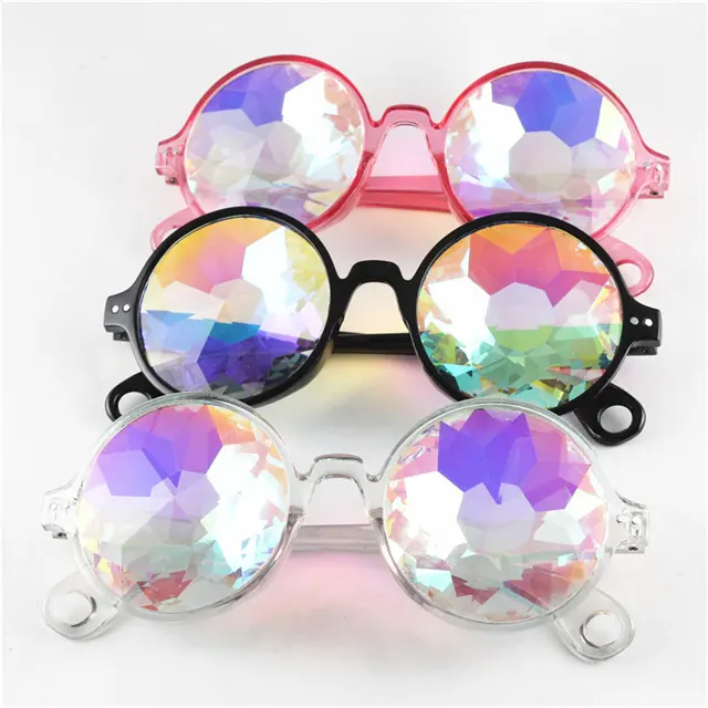 Occhiali da sole caleidoscopici all'ingrosso occhiali rotondi arcobaleno moda occhiali con lenti Diffracted prisma psichedelico per la festa