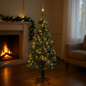 Sapin de Noël artificiel pré-éclairé doré de 70,9 pouces en pin avec décorations de boules, lumières LED chaudes, base autoportante pour intérieur - Product Image 2