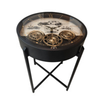 Table d'appoint ronde vintage avec horloge à engrenages, plateau en verre imprimé, cadre en métal noir, style industriel, pour canapé, décoration intérieure, mobilier