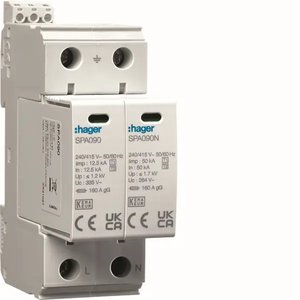 Hager Spa090 SPD 2P T1 T2 12.5kA 50kA con Contatto Ausiliario per Protezione Elettrica - Product Image 1