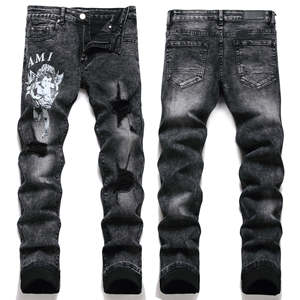 Jeans <span class=keywords><strong>Skinny</strong></span> Elasticizzati Neri Strappati da <span class=keywords><strong>Uomo</strong></span> RUICHI - <span class=keywords><strong>Pantaloni</strong></span> in Denim con Stampa Angelo per Moda Streetwear - Product Image 2