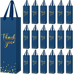 Borsa Regalo Blu per Bottiglia di Vino con Manico, Sacchetto di Carta per Liquori, Borsa Kraft con Stampa in Lamina d'Oro per Whisky, Ideale per Matrimoni - Product Image 1