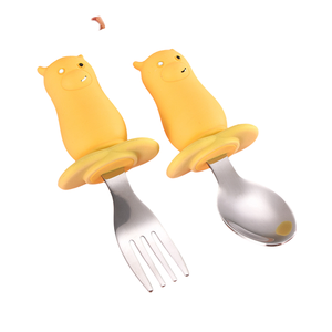 어린이 아기 스테인레스 스틸 쇼트 스푼과 포크 트레이닝 식기 실리콘 쇼트 핸들 포크와 스푼 - Product Image 1