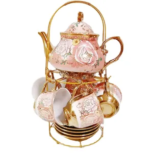 Export European ceramic drinkware coffee and tea sets electric gold plated 13-piece cup and saucer teapot set flower teacup gift
