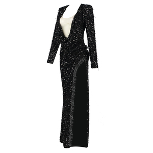 A5225 2024 nuovi arrivi <span class=keywords><strong>abito</strong></span> da donna con <span class=keywords><strong>paillettes</strong></span> <span class=keywords><strong>nero</strong></span> e collo a V Maxi abiti eleganti a spacco alto - Product Image 4