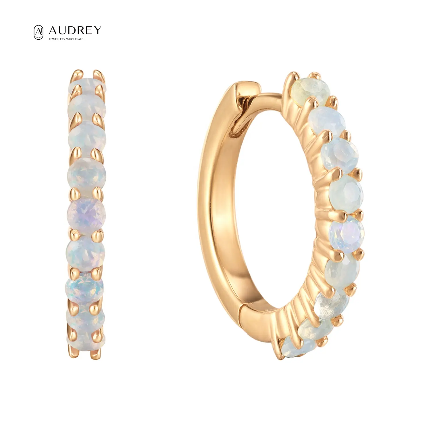 Audrey Coloured Gemstones October Birthstone Australian Opal 14k Solid Gold Hinged Hoop Huggie Earrings For Women Jewelry