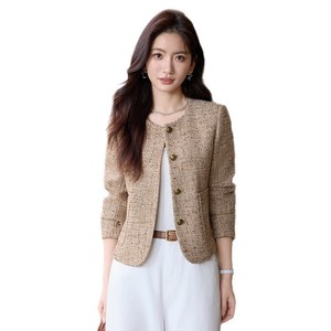 Women's Tweed Blazer Short Jacket With Buttons Spring Autumn Style Casual Elegant Petite Fit Worsted Fabric GDX1686 - Product Image 5