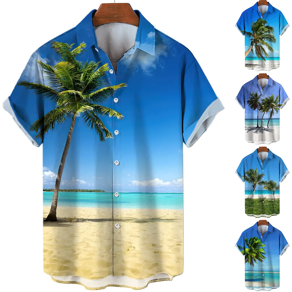 Zomer Tops Zee Vakantie Heren Kleding Hemelsblauwe Kokospalm 3d Print Custom Korte Mouw Vakantie Aloha Shirt Voor Mannen