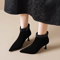 Bottines à talons hauts à bout pointu pour femmes, avec garniture tressée, en daim, coupe ajustée, élégantes, pour soirée
