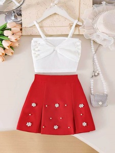 Set di Abbigliamento Estivo per Bambine con Fiocco, in Poliestere/Cotone Traspirante, Casual, Tinta Unita, Novità - Product Image 1