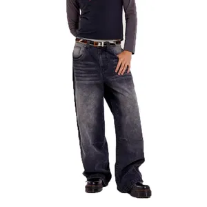 צוות כחול מותאם אישית בגודל חופשי רופף פסים ישרים מכנסיים ירך צד היפ הופ צד רוכסן חם סגנון עבודה גברים מחסנית ג 'ינס