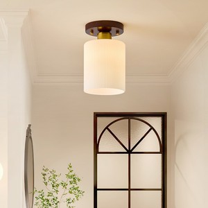 Plafonnier rétro japonais en bois massif, lampe en verre côtelé blanc chaud pour couloir et chambre à coucher - Product Image 1