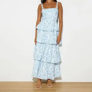 New Summer Fashion Arrivals Casual Sleeveless Blue Floral Print Long Layer Dress Backless Elegant Style Washable Customizable