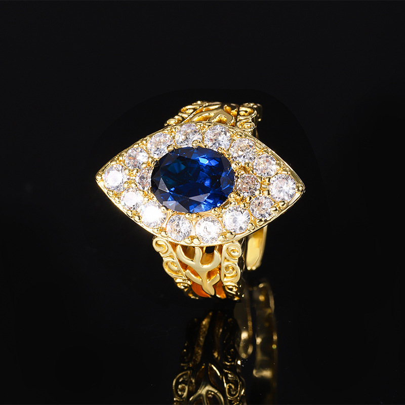 Bague bleue à cristal pointu, taille ajustable