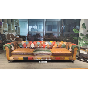 Juego de Sofás Chesterfield de Estilo Industrial Vintage, Cuero Genuino, Diseño <span class=keywords><strong>Patchwork</strong></span> para Hotel, Aplicación en Talleres, con Función de Refrigeración - Product Image 1