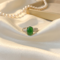 Bague en argent S925 incrustée de zircon et de calcédoine naturelle avec pierre principale ovale cabochon