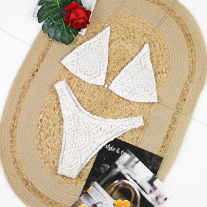 Ensemble bikini 3 pièces au crochet géométrique, maillot de bain triangle dos nu à nouer sur les côtés, jupe longue en dentelle pour femme, séchage rapide, idéal plage - Product Image 5