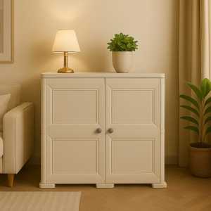 Armoire basse en plastique effet bois beige 79x43x85,5 cm 2 portes 4 compartiments Rangement de garage - Product Image 6
