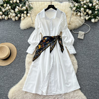 Robe chemise décontractée pour femme, coupe trapèze, manches longues bouffantes, boutonnée, longueur midi, avec foulard imprimé à la taille, pour le quotidien