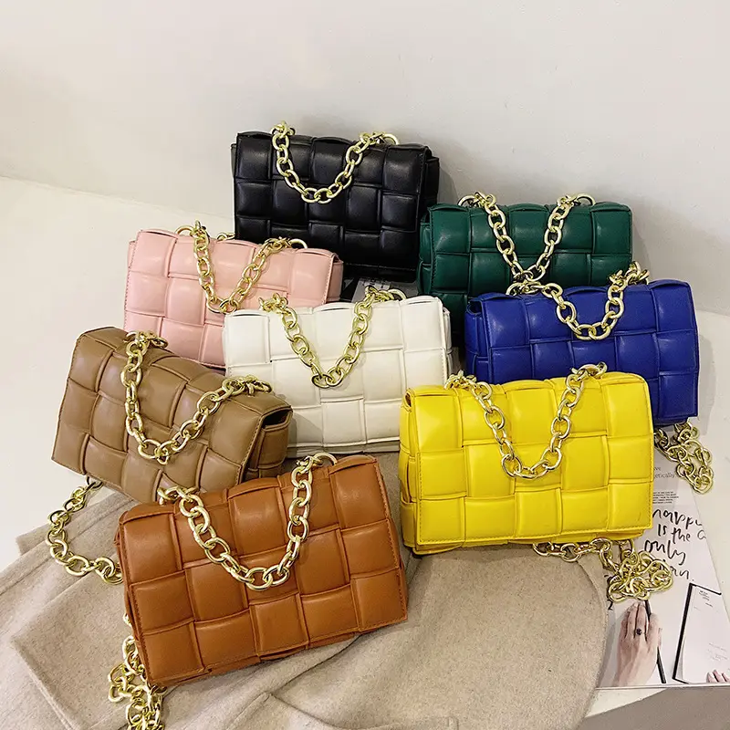 2021 New Designed Ladies Thick Gold Chain Woven Handbag Fashion PU Leather Shoulder Bags Luxury Handbag For Women