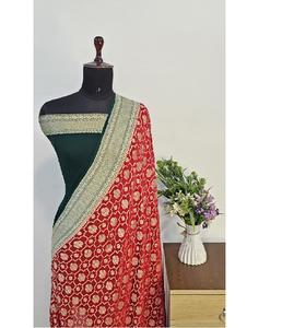 Elegante Saree Tradicional de Pura Georgette Khaddi, Tejido Semimanual de Primera Calidad, Caída Suave, Hermosa Tejeduría Zari, Ideal para Fiestas y Bodas - Product Image 4
