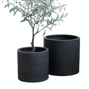 Plant Pot Met Schotel Voor Huis Tuin Decor Zwart Grote Cilinder Cement Groene Moderne Plant Ondersteuning Aangepast Logo Aanvaardbaar