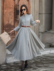 Robe longue personnalisée décontractée élégante pour femmes de la rue quotidienne hiver à manches longues coupe ajustée grande taille robes en laine boutonnées - Product Image 2