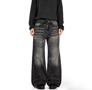 Jean en denim coupe bootcut taille mi-haute noir délavé style américain vintage pour hommes et femmes, effet moustaches de chat tridimensionnelles, automne-été - Product Image 4