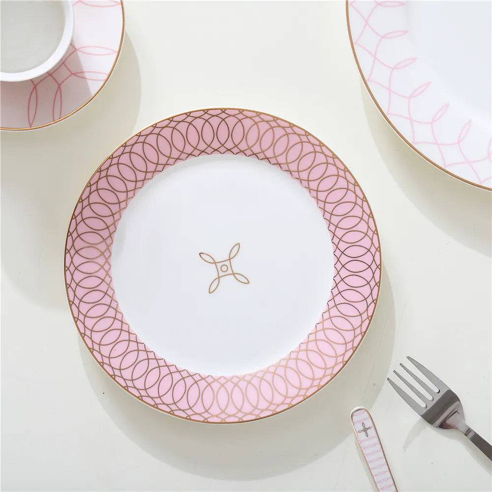 Оптовая продажа розовых наклеек на заказ, дизайн с золотым ободом, набор тарелок из костяного фарфора, посуда в скандинавском стиле, десертная тарелка, фарфоровая тарелка