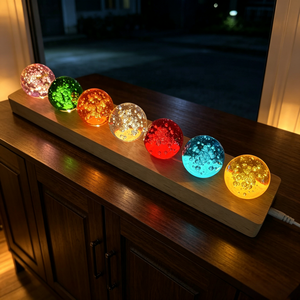 Boules <span class=keywords><strong>de</strong></span> <span class=keywords><strong>cristal</strong></span> craquelé <span class=keywords><strong>de</strong></span> 40 mm, <span class=keywords><strong>7</strong></span> couleurs, avec base en bois LED, ornements décoratifs Feng Shui, sphères <span class=keywords><strong>de</strong></span> verre à bulles, veilleuse - Product Image 3