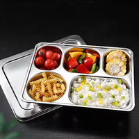 Vente en gros Assiette à dîner à 5 compartiments Boîte à bento carrée en acier inoxydable 304 Plateau à déjeuner divisé avec couvercle