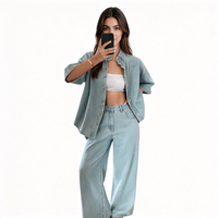 Ensemble deux pièces en jean bleu clair à manches courtes boutonné sur le devant pour femme, haut et jupe longue, vente en gros OEM ODM